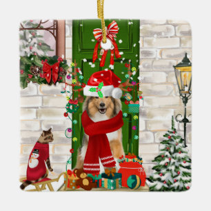 Adorno De Cerámica Sheltie Dog Navidades