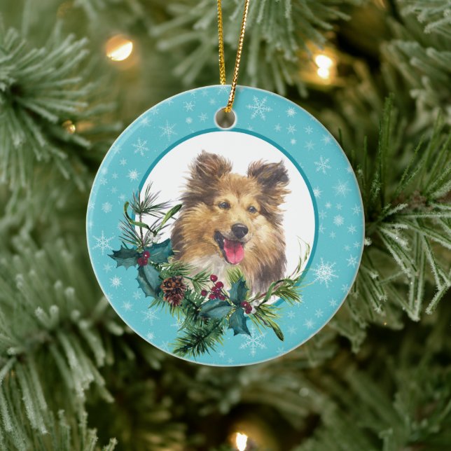 Adorno De Cerámica Sheltie Dog Snowflake Blue Frame Bouquet (Árbol)