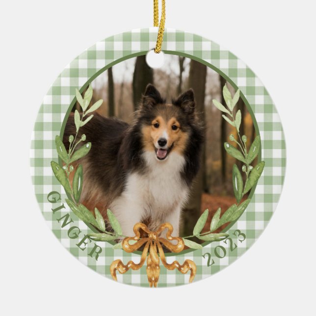 Adorno De Cerámica Sheltie feliz en foto de Laurel Wreath (Frente)