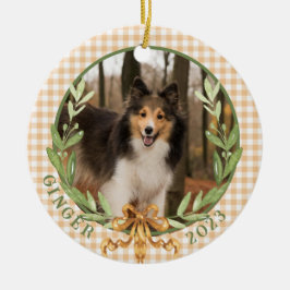 Adorno De Cerámica Sheltie feliz en foto de Laurel Wreath