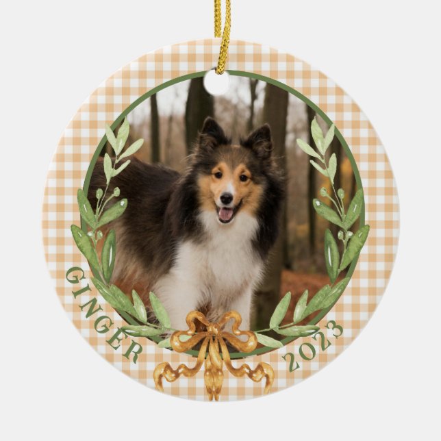 Adorno De Cerámica Sheltie feliz en foto de Laurel Wreath (Frente)