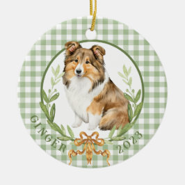 Adorno De Cerámica Sheltie feliz en Laurel Wreath