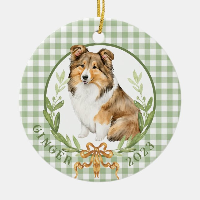 Adorno De Cerámica Sheltie feliz en Laurel Wreath (Frente)