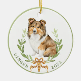 Adorno De Cerámica Sheltie feliz en Laurel Wreath