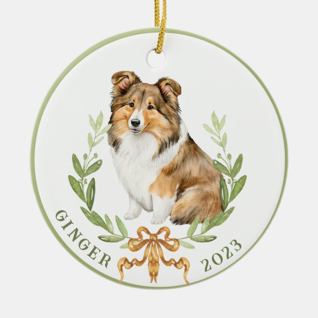 Adorno De Cerámica Sheltie feliz en Laurel Wreath (Frente)