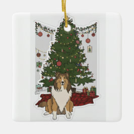 Adorno De Cerámica Sheltie junto al árbol de Navidad