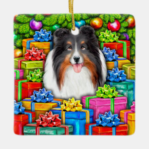 Adorno De Cerámica Sheltie Navidades Open Gifts Tri color