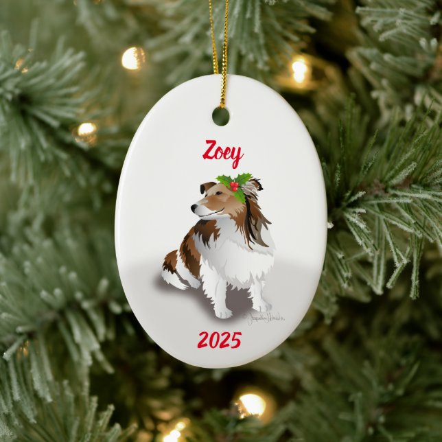 Adorno De Cerámica Sheltie with Holly Ornament (Árbol)