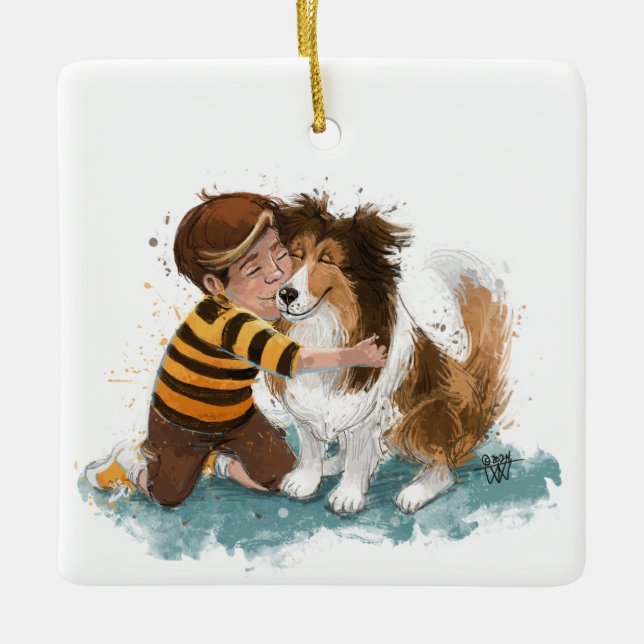 Adorno De Cerámica Sheltie y Boy Dog Hug (Anverso)