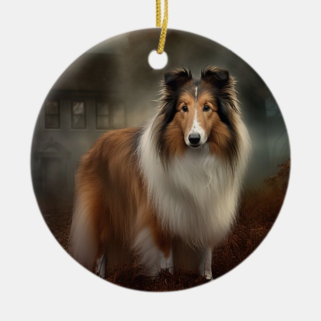 Adorno De Cerámica Shetland Sheepdog Halloween Scary (Frente)