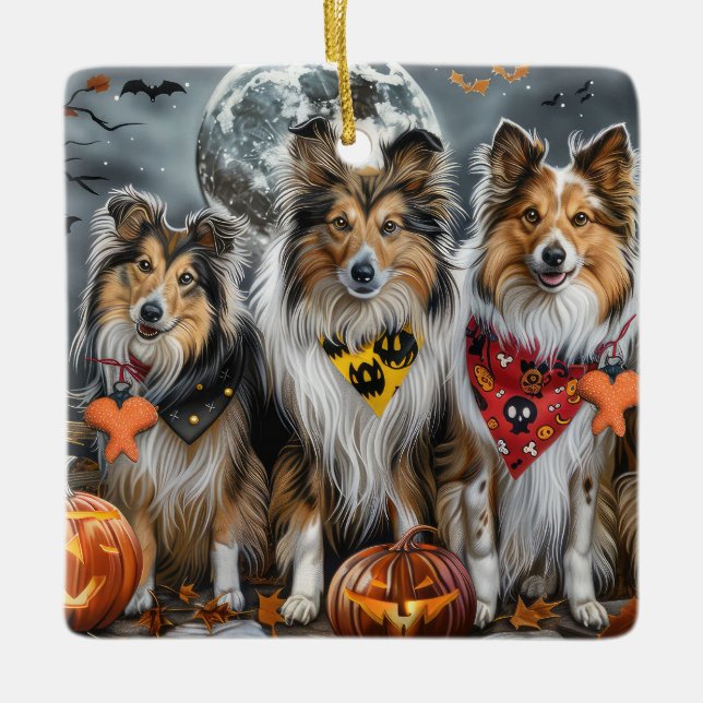 Adorno De Cerámica Shetland Sheepdog Halloween Spooky (Anverso)