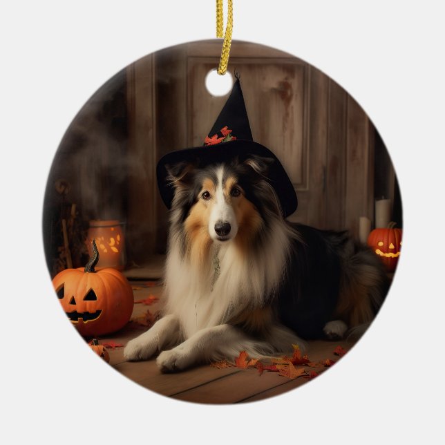 Adorno De Cerámica Shetland Sheepdog Pumpkins Halloween Scary (Frente)