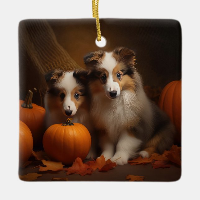 Adorno De Cerámica Shetland Sheepdog Puppy Autumn Delight Pumpkin (Anverso)