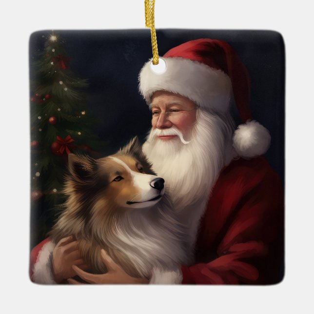 Adorno De Cerámica Shetland Sheepdog Santa Claus Navidades festivos (Anverso)