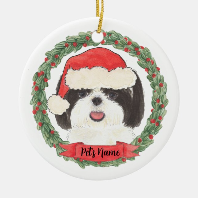 Adorno De Cerámica Shih Tzu blanco y negro personalizado (Frente)