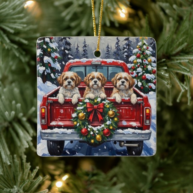 Adorno De Cerámica Shih Tzu Christmas Red Truck Holiday (Árbol)