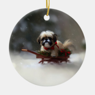 Adorno De Cerámica Shih Tzu Navidad nieve invierno