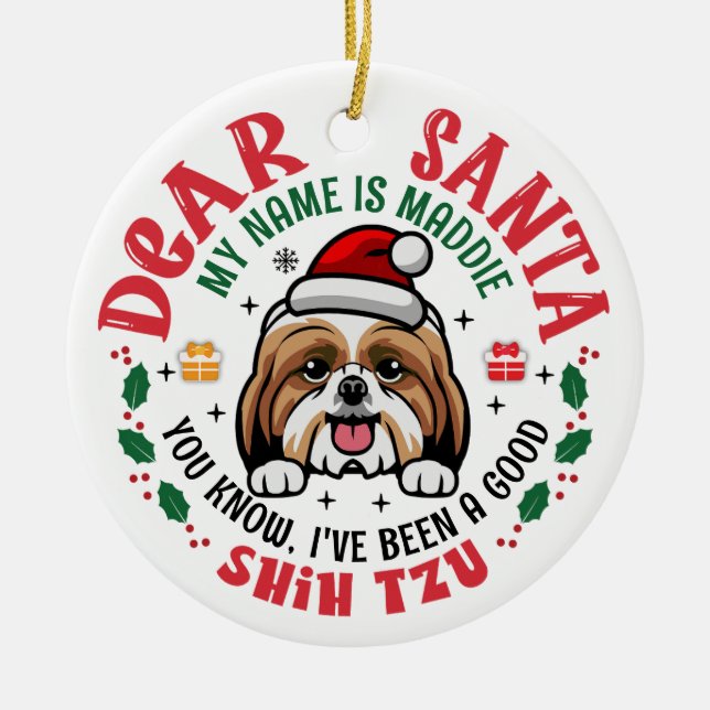 Adorno De Cerámica Shih Tzu Perro Santa Personalizado Árbol de Navida (Frente)