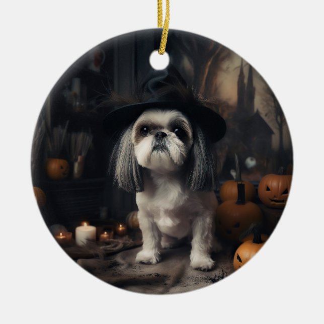 Adorno De Cerámica Shih Tzu Pumpkins Halloween Scary (Frente)