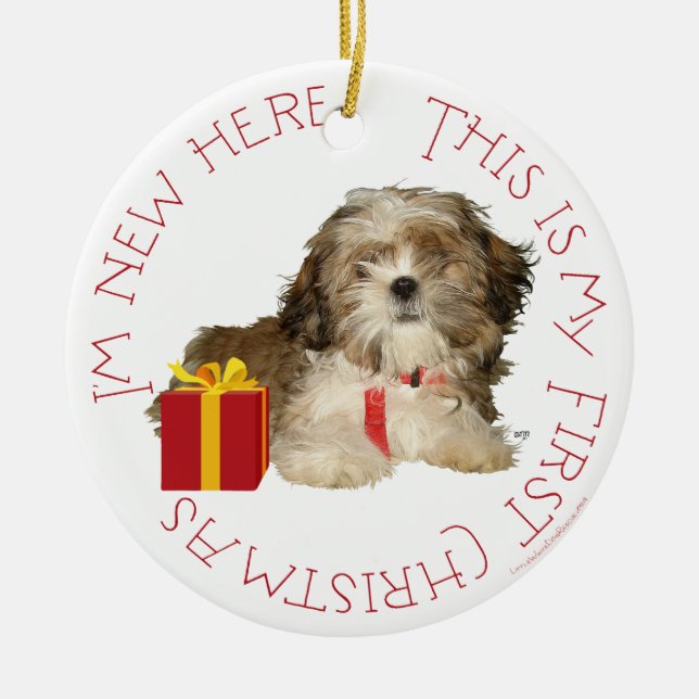 Adorno De Cerámica Shih Tzu Puppy Primera Navidad (Frente)