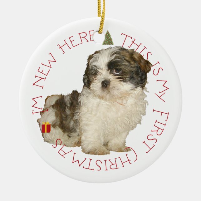Adorno De Cerámica Shih Tzu Puppy Primera Navidad (Frente)