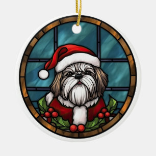 Adorno De Cerámica Shih Tzu Vidrio Pintado Navidad