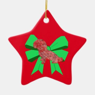 Adorno De Cerámica Shihpoo Dog Silhouette Green Bow Navidades