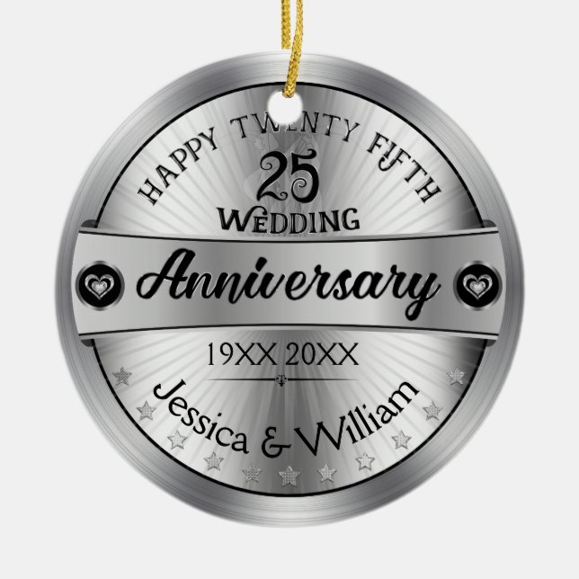 Adorno De Cerámica Shiny Silver 25th Wedding Anniversary (Frente)