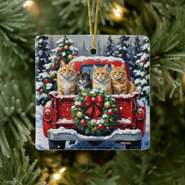 Adorno De Cerámica Siberian Cat Christmas Red Truck Holiday (Árbol)