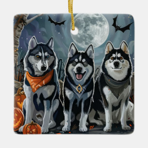 Adorno De Cerámica Siberian Husky Halloween Espeluznante 