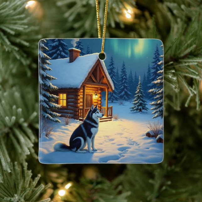 Adorno De Cerámica Siberian Husky Snowy Cabin Christmas Painting (Árbol)