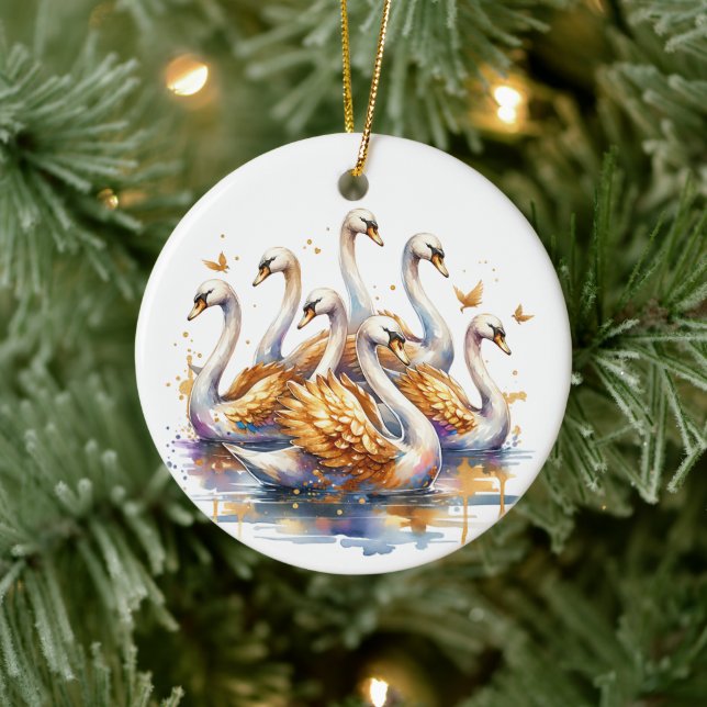 Adorno De Cerámica Siete cisnes nadando | Doce días de Navidades (Árbol)