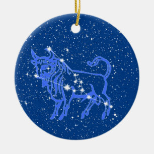 Adorno De Cerámica Signo zodiacal Tauro con estrellas en azul profund