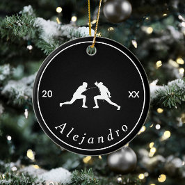 Adorno De Cerámica Silhouettes de esgrima en blanco y negro Nombre y 