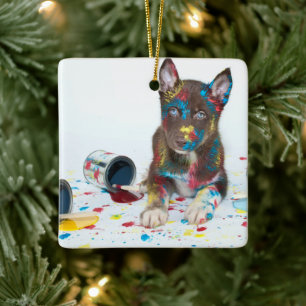 Adorno De Cerámica Silly Husky Puppy entró en Paint Bucket