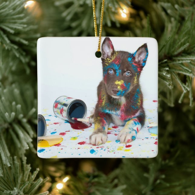 Adorno De Cerámica Silly Husky Puppy entró en Paint Bucket (Árbol)