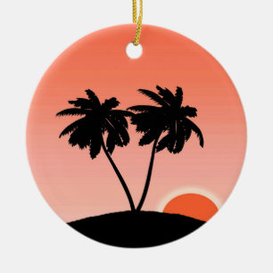 Adorno De Cerámica Silueta de árbol de palma contra Cerami Naranja de