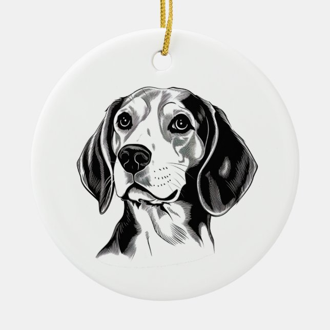 Adorno De Cerámica Silueta de contorno blanco y negro de perro Beagle (Frente)