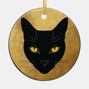Adorno De Cerámica Silueta de gato negro contra un círculo dorado