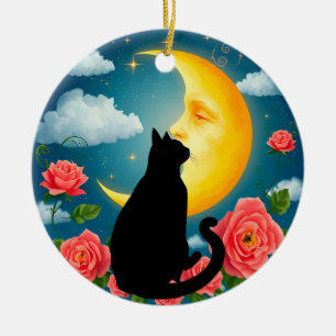Adorno De Cerámica Silueta de gato sentado ante la luna