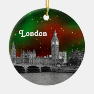 Adorno De Cerámica Silueta de Londres grabada, cielo estrellado rojo 