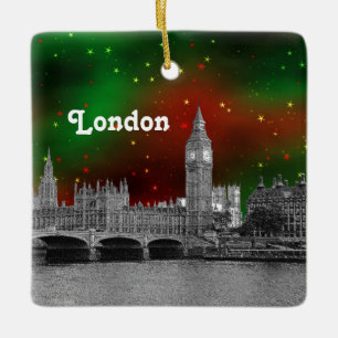 Adorno De Cerámica Silueta de Londres grabada, cielo estrellado rojo 