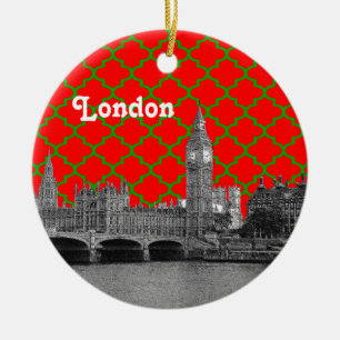 Adorno De Cerámica Silueta de Londres Grabado Verde Rojo Cuatrefoil F
