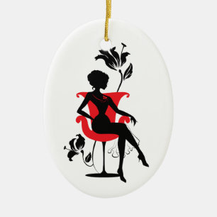 Adorno De Cerámica Silueta gráfica de una mujer sentada en silla roja