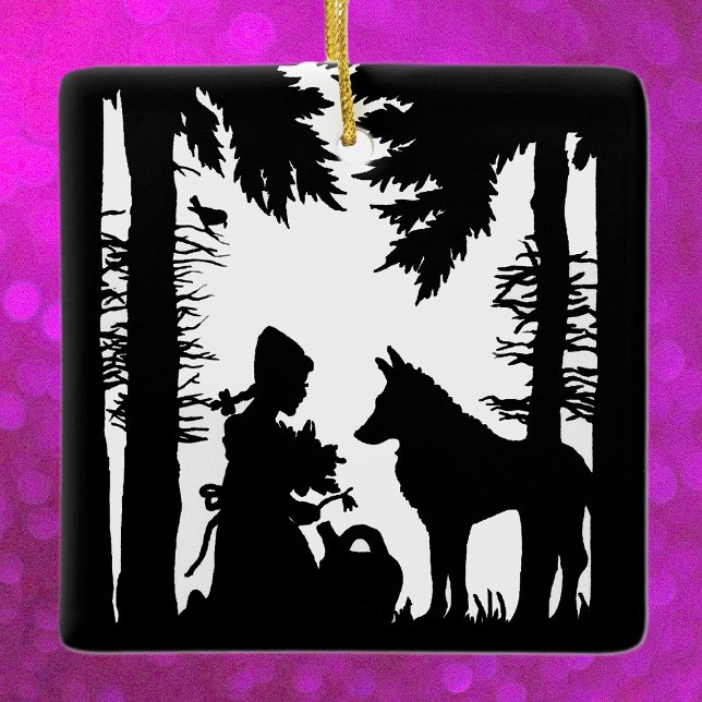 Adorno De Cerámica Silueta negra Caperucita roja Lobo Woods (Black and white Red riding hood kneeling under trees with wolf flowers on hanging ornament.)