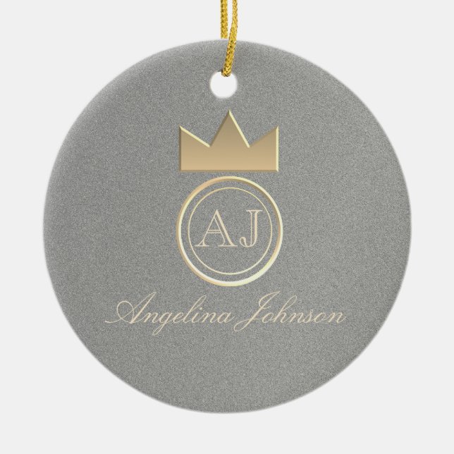 Adorno De Cerámica Silver and Gold Crown Monogram Christmas (Frente)
