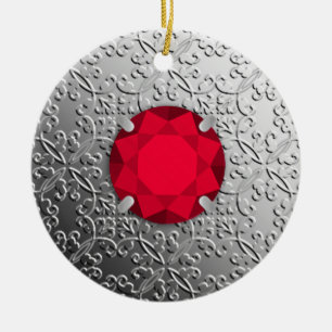 Adorno De Cerámica Silver Damask with a faux garnet gemstone