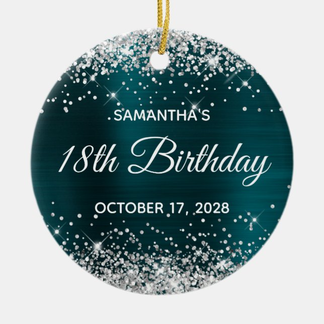Adorno De Cerámica Silver Glitter Dark Turquoise Foil 18th Birthday (Frente)