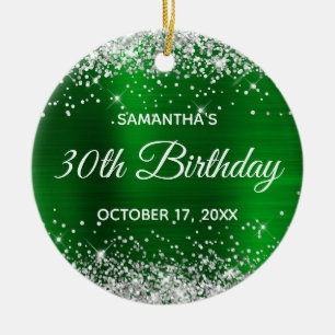 Adorno De Cerámica Silver Glitter Green Foil 30th Birthday