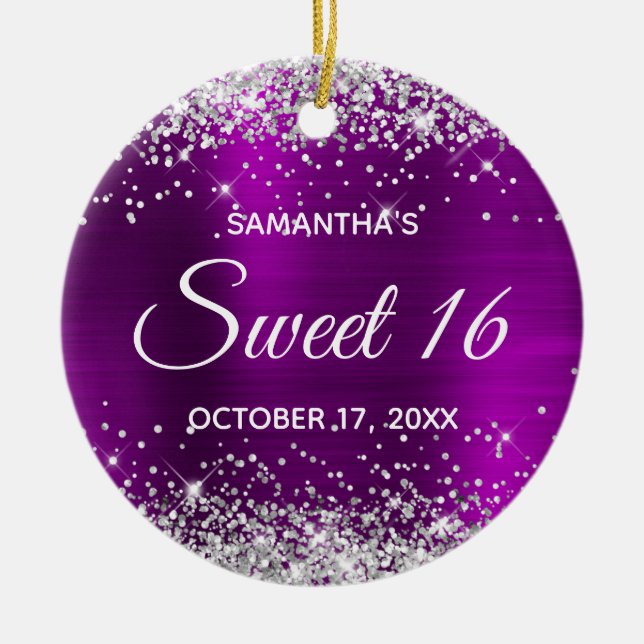 Adorno De Cerámica Silver Glitter Magenta Purple Foil Sweet 16 (Frente)